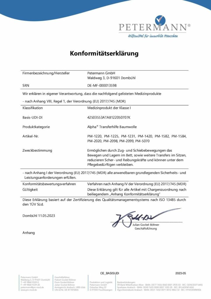 Konformitätserklärung Drehlaken und Spannbetttuch